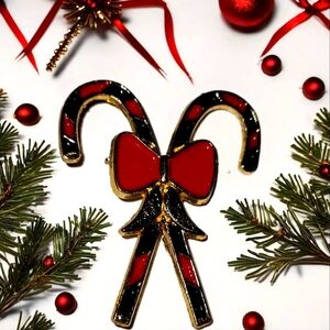 Vintage Double Enameled Green and Red Criss Cross Candy Cane Pin Gold